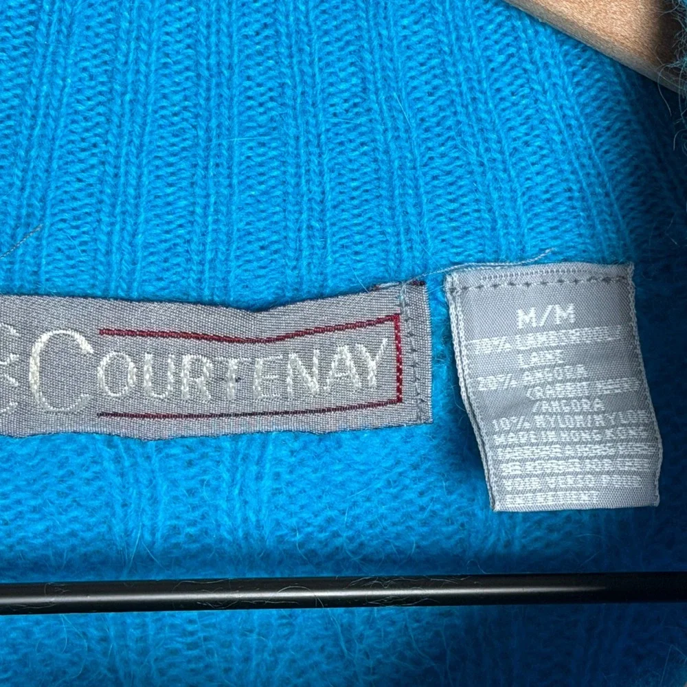 Courtenay Womens Lambswool Angora Sweater M Blue Cable Knit Mock Winter Soft 90s